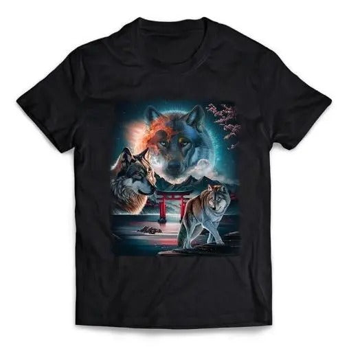 Cosmic Wolf in Japanese Mountain with Sakura and Torii Gate, Short-Sleeve Unisex T-Shirt Made in USA Hoodie Sweatshirt