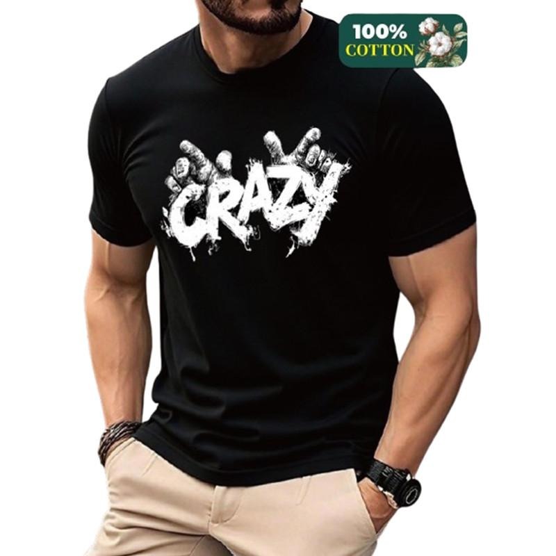 Cotton Blend Summer Casual T-shirt For Mens,Short Sleeve Crew Neck with "Crazy" Graphics Print DY3 Hoodie Sweatshirt