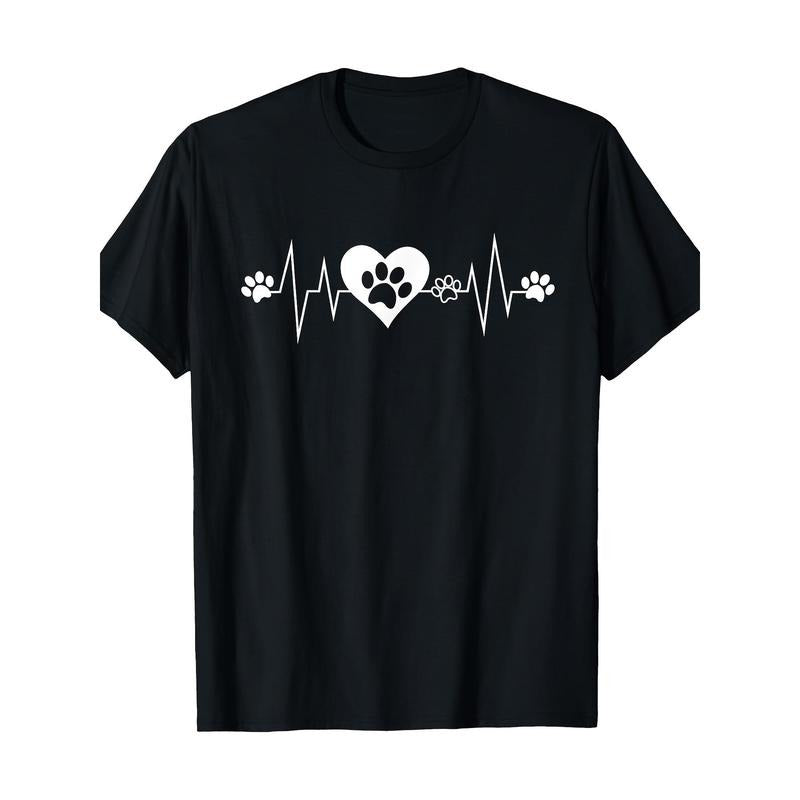 Cotton Dog Lover T-Shirt, 100% Cotton, Crew Neck, Short Sleeve, Regular Fit, with Paw Print Heartbeat Design, Geometric...