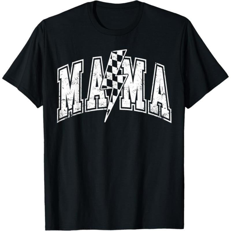 Cotton Short Sleeve  T-Shirt Mama Lightning Bolt Checkered Varsity Mom Mother's Day T-Shirt Baseball Graphic tees Hoodie...