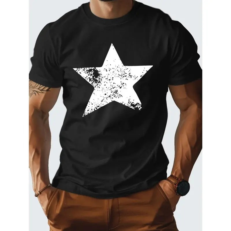 Cotton T-shirt, Star Print Men's Cotton T-Shirt, Sports Casual Commuter Versatile Short Sleeve Tee, Fashion Style Made in...