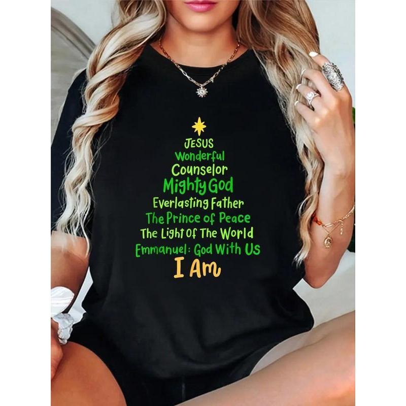 Cotton Unisex Graphic T-Shirt Christian Christmas Jesus Bible Names Xmas Tree Shaped T-Shirt Vintage Casual Shirt women's...