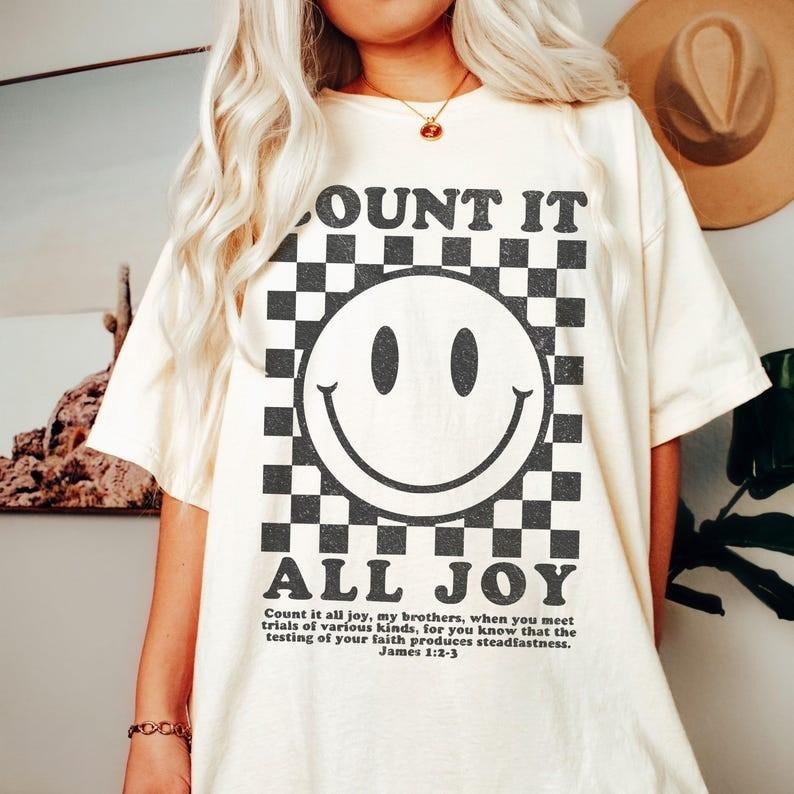 Count it All Joy Tshirt, Retro Christian Shirt, Preppy Christian Shirt, Bible Verse Tee, Oversized Christian Tee Hoodie...
