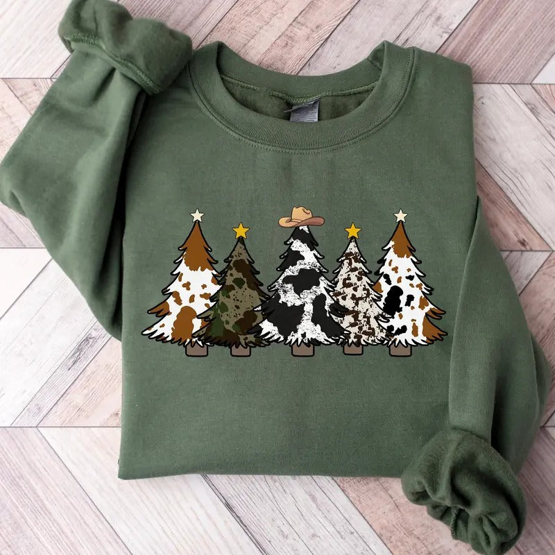 Country Christmas Sweatshirt Cute Cowhide Sweatshirt Holiday Sweatshirt Christmas Cow Shirt Cow Lover Xmas Gift Farm...
