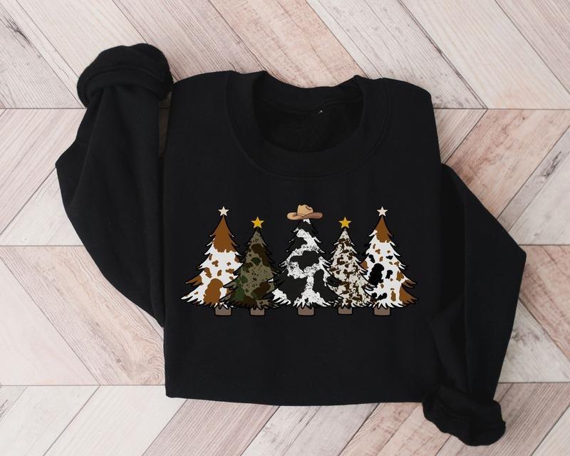 Country Christmas Sweatshirt, Christmas Tree Shirt, Western Christmas Sweatshirt, Cute Cowhide Sweatshirt, Xmas Holiday...