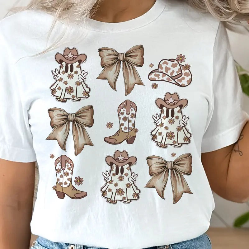 Country Cowboy Fall Southwest Tee Coquette Halloween Tee Country Boots and Ghost Collage Tshirt Cute Western Halloween...