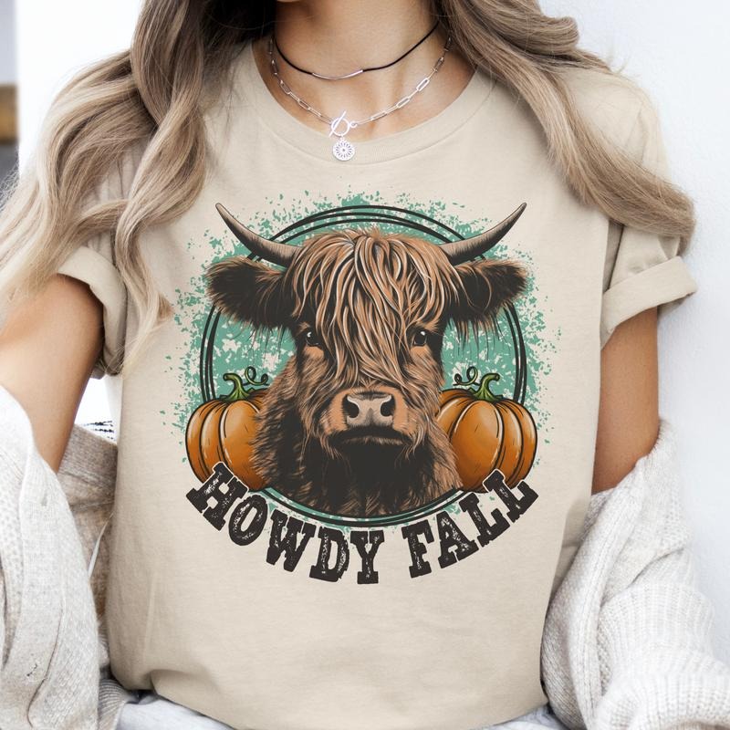 Country Howdy Fall Cow Tee Highland Cow Fall Sweatshirt Howdy Fall Highland Cow Tshirt Western Fall T-shirt Pumpkins and...