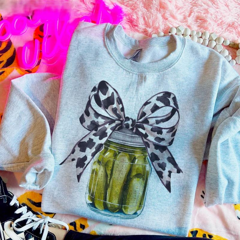 Cow Bow Pickle Jar Sweatshirt, Crewneck Sweatshirt cowgirl outfits clothes, western clothing, western outfit women tops,...