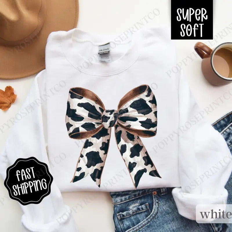 Cow Bow Sweatshirt, Coquette Cow Crewneck,  Women's Sweater Shirt Hoodie | PrintMintTees.com