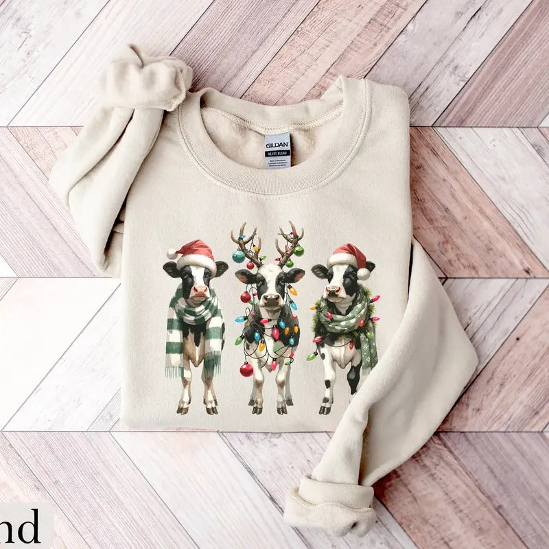 Cow Christmas Sweatshirt, Farm Christmas Shirt, Cow Lover Gift, Christmas Cow Sweater, Christmas Crewneck, Womens...
