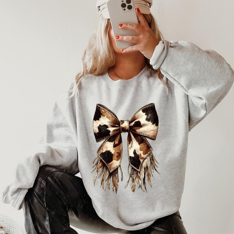 Cow print Bow Western Bow Sweatshirt,  Christmas Graphic Sweatshirt for Men and Women