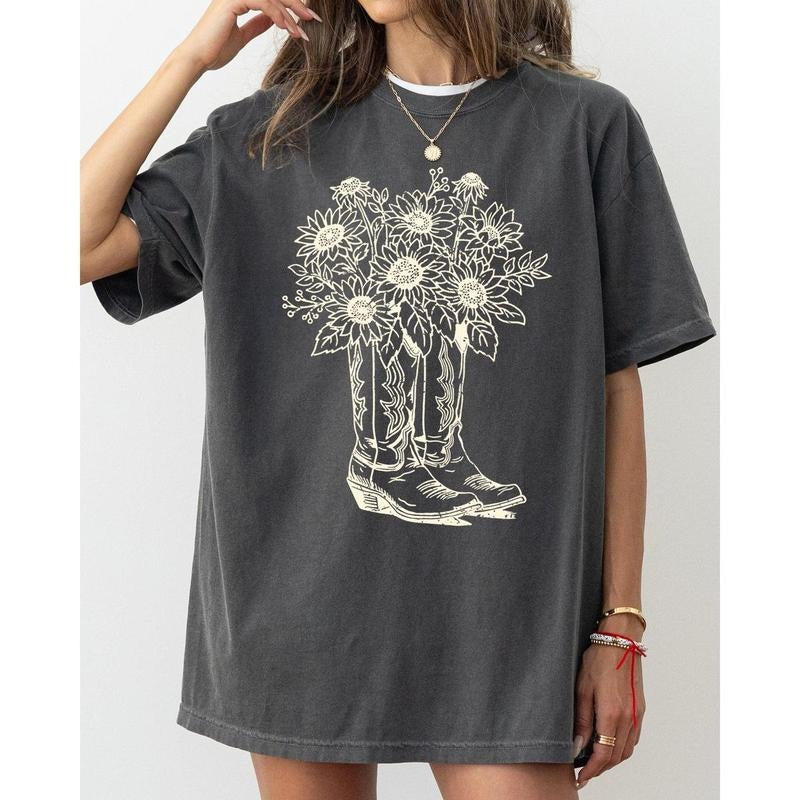 Cowboy Boots and Flowers Tshirt, Cowgirl, Western, Retro Tshirt, Women's Tee Hoodie, Sweatshirt | PrintMintTees.com