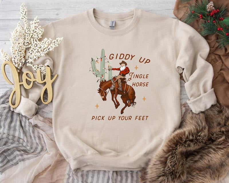 Cowboy Christmas Sweater, Giddy Up Jingle Horse Pick Up Your Feet, Howdy Country Christmas Horse,  Christmas Sweatshirt...