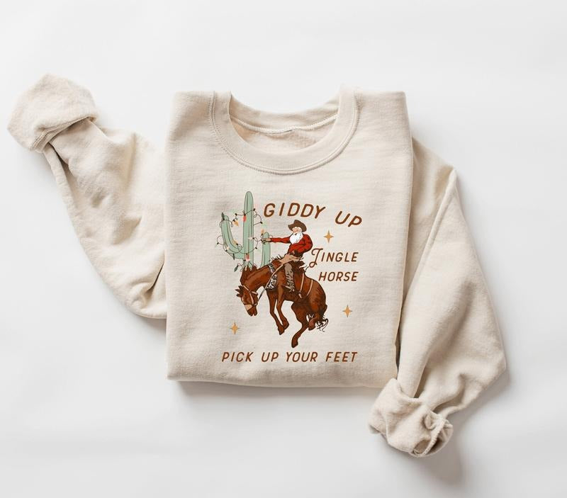 Cowboy Christmas Sweatshirt, Western Christmas Shirt, Giddy Up Jingle Horse Pick Up Your Feet, Howdy Country Christmas...