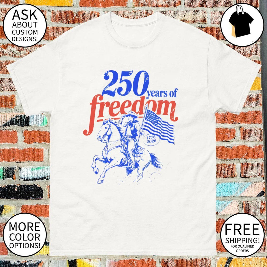 Cowboy riding horse holding American flag 250 Years of Freedom 1776 2026 shirt