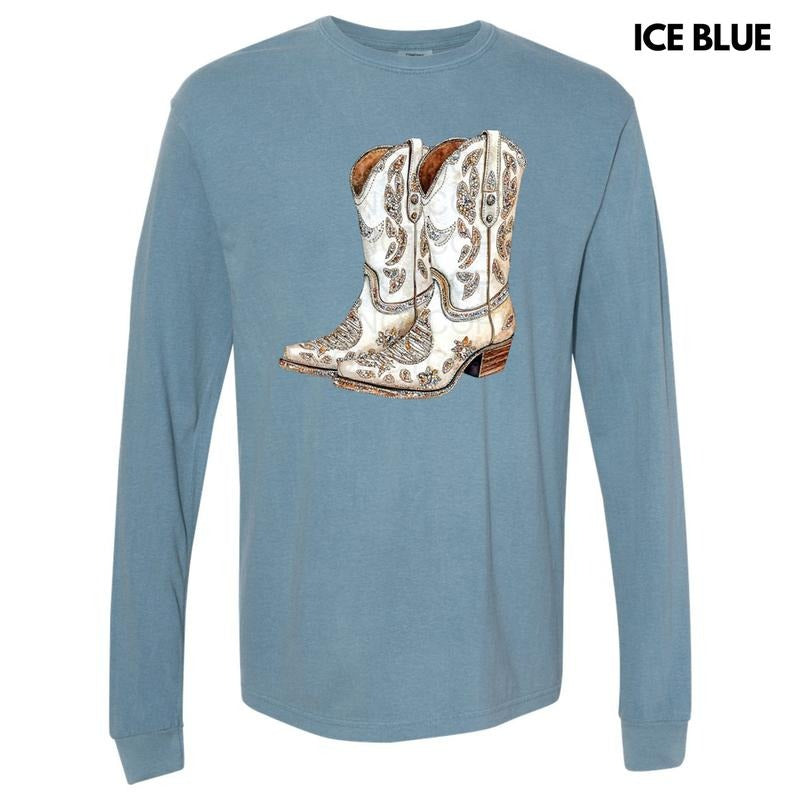 Cowgirl Boots Faux Rhinestone Long Sleeve Comfort Colors Shirt Hoodie Sweatshirt