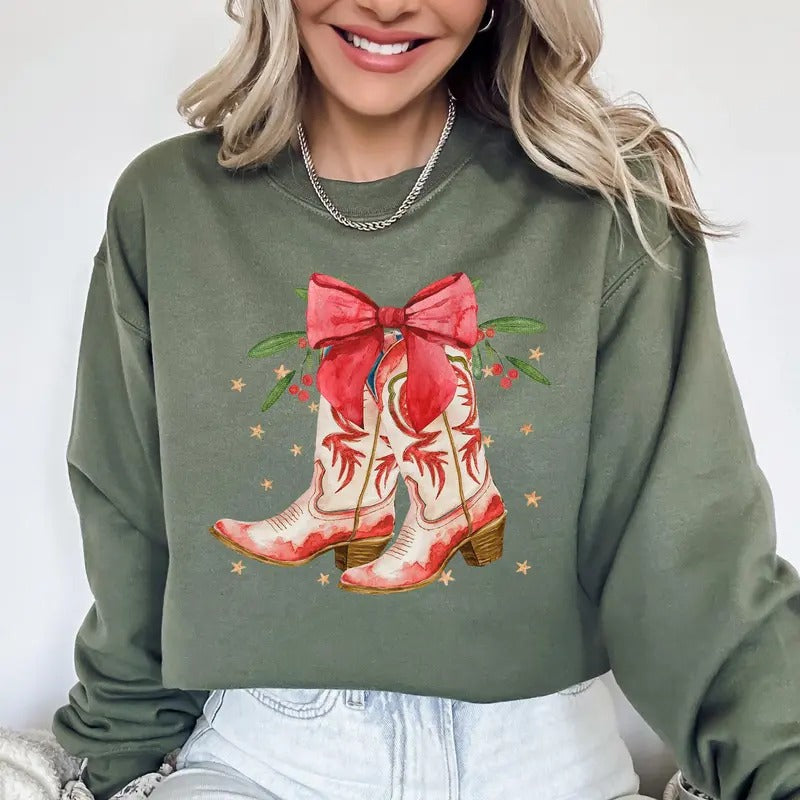 Cowgirl Boots Cowboy Bows Mistletoe Santa Country Western Xmas Crew Neck Shirt Hoodie Sweatshirt