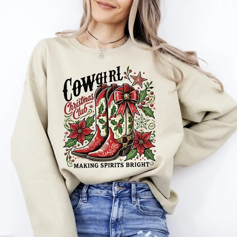 Cowgirl Club Cowboy Boots Western Santa Flowers Crew Neck T-Shirts, Hoodie, Sweatshirt