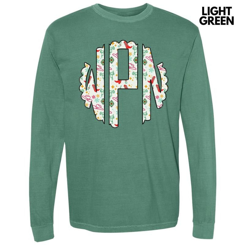 Cowgirl Christmas Monogram Long Sleeve Comfort Colors T-Shirt 'NLB' Hoodie Sweatshirt | PrintMintTees.com