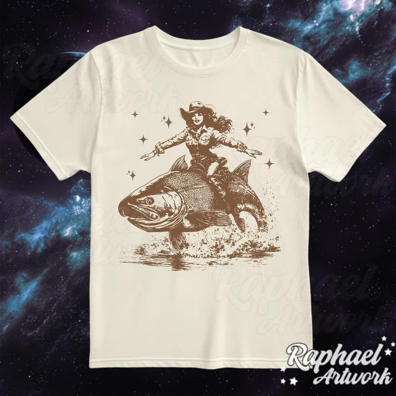 Cowgirl Riding A Fish Tattoo Vintage Shirt, Funny Western Cowboy Tshirt, Country 90s Graphic Tee, Retro Rodeo Weirdcore...