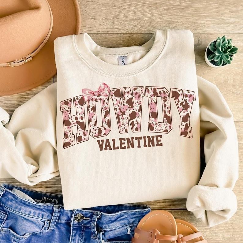 Cowgirl Valentine Crewneck | Retro Highland Cow Sweatshirt | Western Love Design Shirt Hoodie | PrintMintTees.com