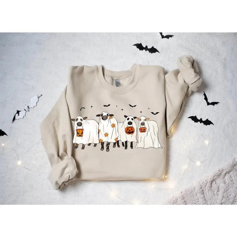 Cows Halloween Sweatshirt, Halloween Ghost Cows Sweatshirt Cotton Sweaters Shirt Hoodie | PrintMintTees.com