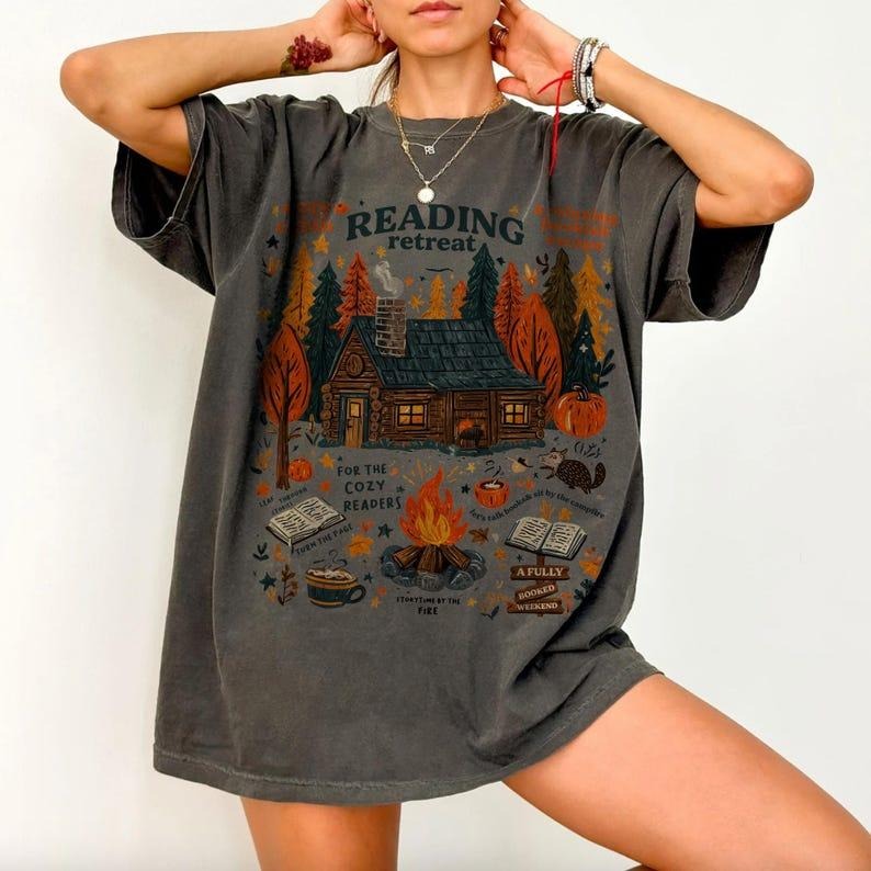 Cozy Cabin Reading Retreat Tshirt, Fall Bookish Tee, Book Lover Shirt, Autumn Cozy Readers T-Shirt Tops Womenswear Hoodie...