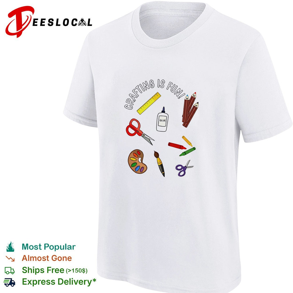 Crafting is fun art supplies scissors glue paintbrush school theme kids shirt