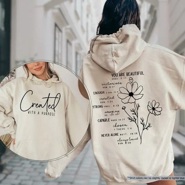 Created With A Purpose Hoodie, You Are Beautiful Sweatshirt, Christian Sweatshirt,Christian Gifts,Women Christian...