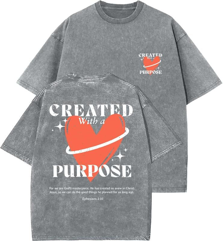 Created With A Purpose Unisex Washed T-Shirt, Christian t shirts, Vintage 90s Graphic Tee, Gift Top Womenswear Cotton...
