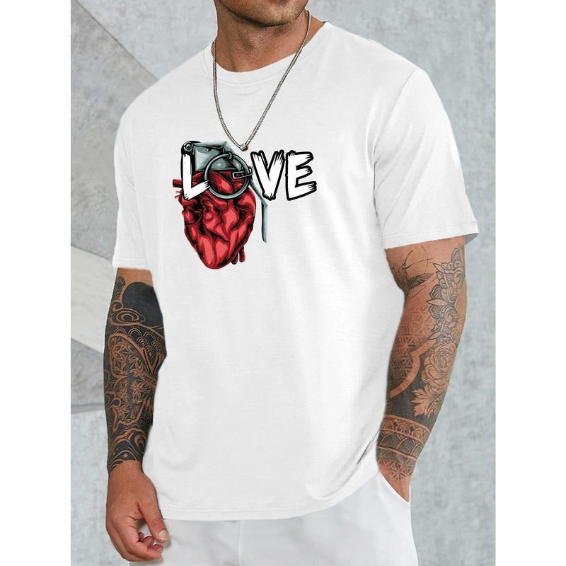 Creative Love Print, Men's Crew Neck Short Sleeve T-shirt, Stylish & Trendy & Cozy For Casual Summer Wear Made in USA...