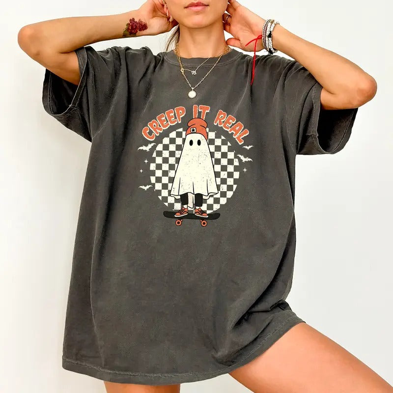 Creep Real Retro Halloween Spooky Season Unhinged Shirt Funny Shirt Vintage Ghost Halloween Comfy Fabric Tops Womenswear Cotton Fabric Relaxed Fit Chic T-Shirts, Hoodie, Sweatshirt