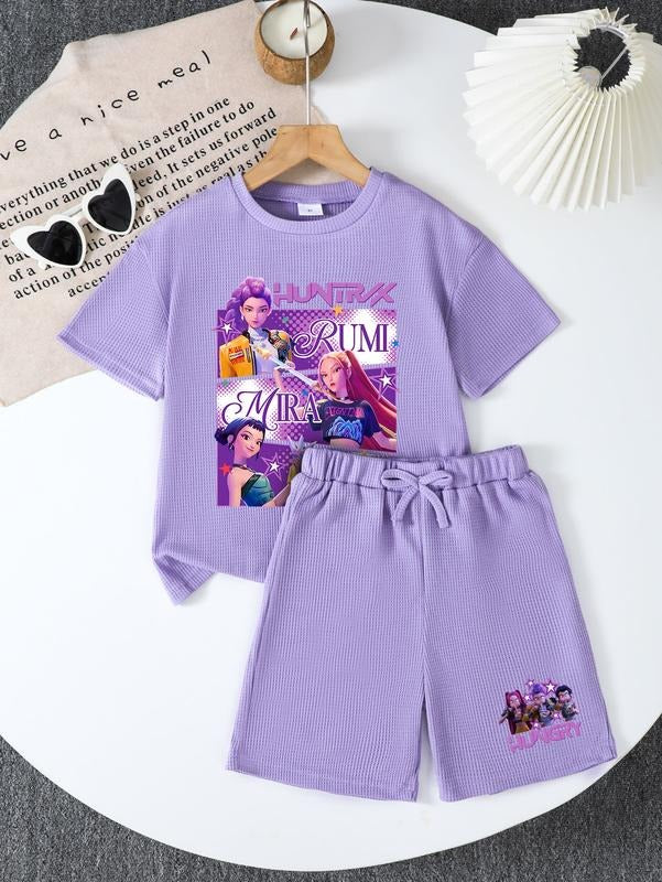 CrevNeck Teen Girls Outfit Purple Graphic Print Short Sleeve T-Shirt & Shorts Set for Spring Summer Fall Casual Wear...