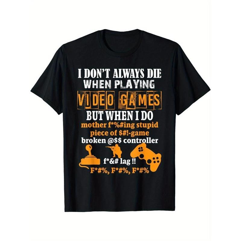 Crew Neck Letter And Game Console Print Men's Fashionable Summer Short Sleeve Sports T-shirt, Comfortable And Versatile...