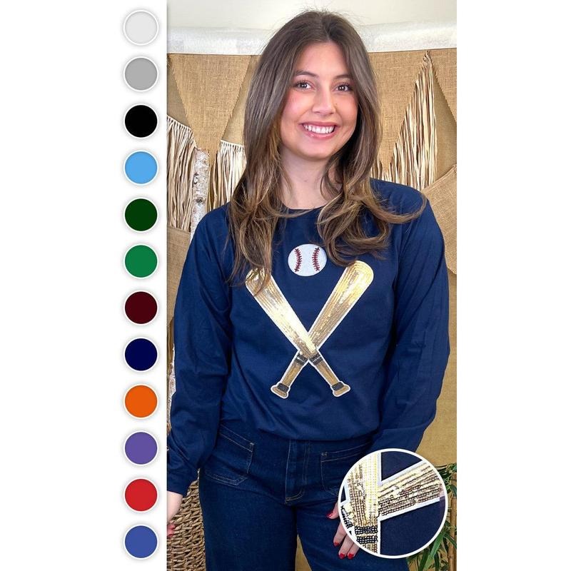 Crossed Bats Sequin Baseball Graphic  Long Sleeve T-Shirt Hoodie Sweatshirt | PrintMintTees.com