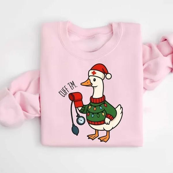 Cuff Em Nurse Christmas Sweatshirt T-Shirt, Funny Goose Nurse Medical Humor Shirt, Holiday RN Nurse Tee, Cute Christmas...