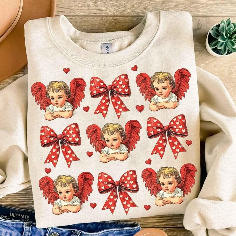 Cupid Coquette bow Retro Valentine Sweatshirt Baby Cupid Valentine's Day Valentine Love valentine's day bow Shirt Hoodie