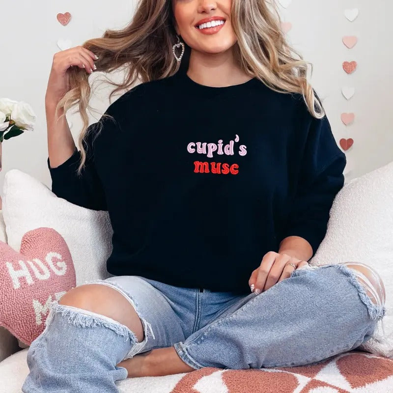 Cupid's Muse Embroidered Sweatshirt, Valentines Day  Sweatshirt, Valentines Sweater, Comfort Colors Embroidered T-Shirt...