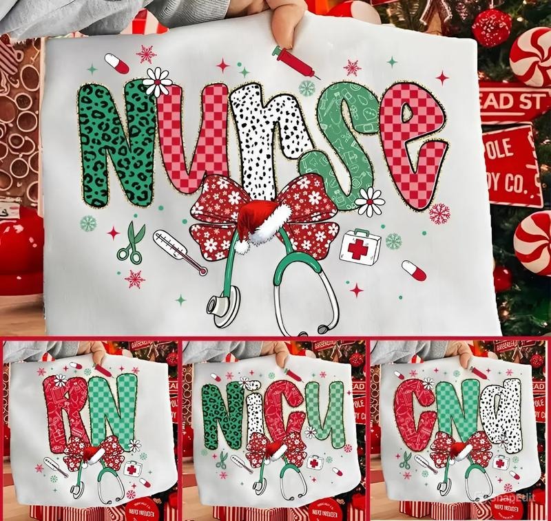 Custom Coquette Bow Christmas Nurse Sweatshirt, Preppy Brushstroke Holiday Nurse Crewneck for CNA RN NICU Staff, Cute...