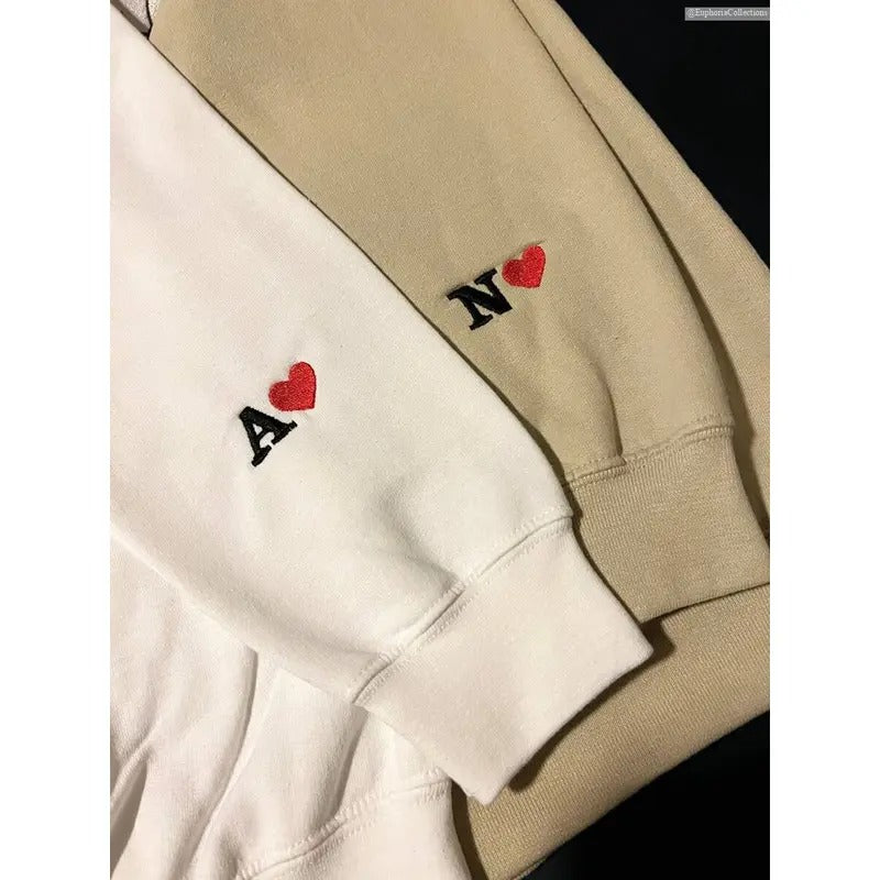 Custom Embroidered Initial Heart Valentine Sweater Hoodie T-Shirt, Personalized Initial on Sleeve Matching Couple Love...