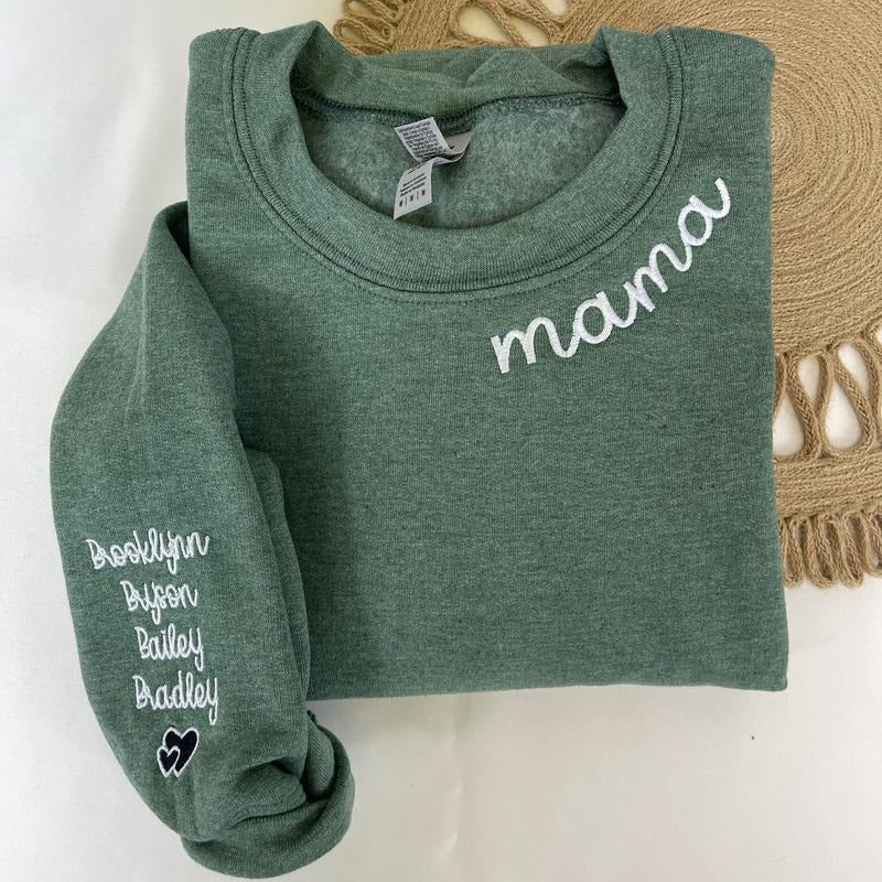 Custom Embroidered Mama Sweatshirt with Kids Names on Sleeve, Personalized Minimalist Gift Mom Sweatshirt Shirt Hoodie