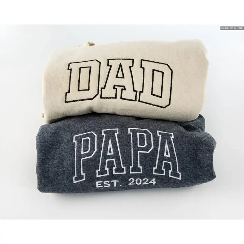 Custom Embroidered Papa Est Sweater, Hoodie, Tee Shirt, Personalized Father Dad Mom Family Couple Gifts, Embroidery...