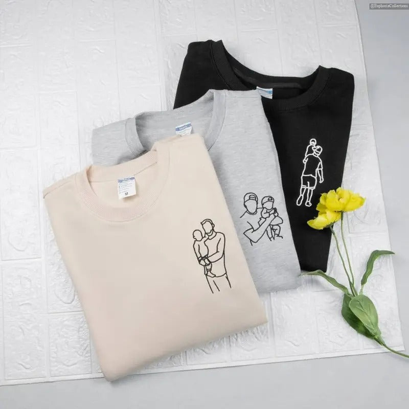 Custom Embroidered Portrait Sweater, Hoodie, Tee, Personalized Photo Sweatshirt for Him, for Her, Name On Cuff, Couple...