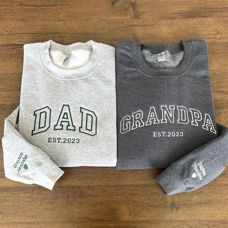 Custom Embroidered Sweatshirt, Name On Sleeve With Heart, Grandpa Shirt With Date, Daddy Est Year Shirt, Gift For New...