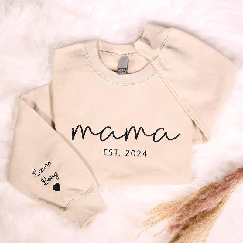 Custom Mama Embroidered Names Sleeve Personalized Mom Embroidery Mommy Shirt Pregnancy New Mom T-Shirts, Hoodie, Sweatshirt