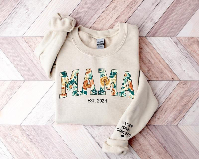 Custom Mama Floral Sweatshirt, Mama Floral Sweatshirt, Personalized Mama Sweatshirt With Kids Names Sleeve, Christmas...