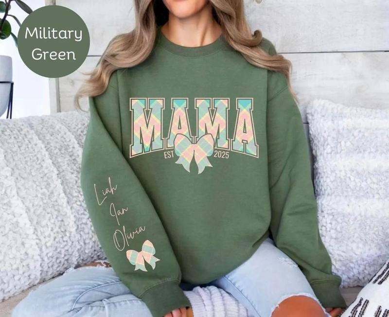 Custom Mama Kid Name Sleeve Personalized Floral Bow Mom Coquette Mama Baby Shower Shirt T-Shirts, Hoodie, Sweatshirt