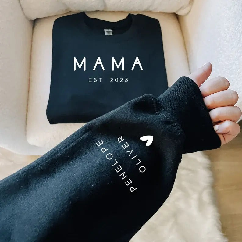 Custom Mama Sweatshirt with Date and Children Name on Sleeve Sweatshirt, Hoodie, T-Shirt | PrintMintTees.com