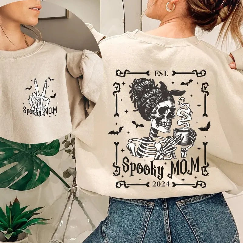Custom Mom Skeleton Sweatshirttrendy Front And Back Sweaterfall Pregnancy Announcement Halloween Maternity Shirtspooky...