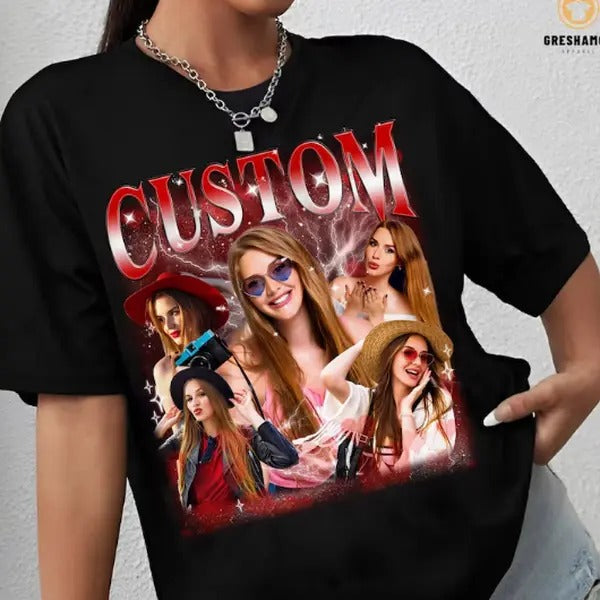 Custom Photo Bootleg Girlfriend 6 Face 90s Retro Vintage T-Shirt, Shirt with Face on It for Boyfriend Birthday Gift,...